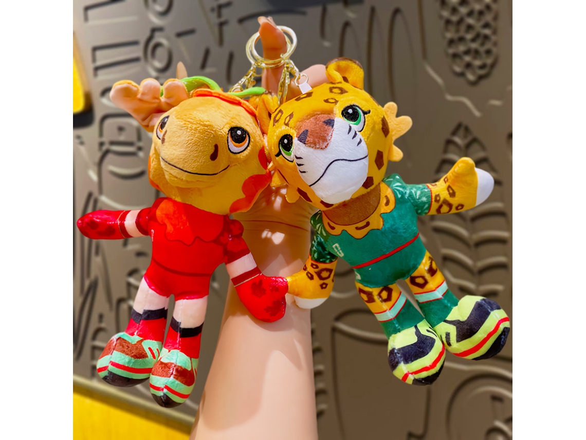 Pack 2 Lfengeros Peluche Mascotas Alce Y Leopardo Copa Mundial, Tejido Suave Anti-despeluzamiento, Anillo Metálico Para Mochilas Y Lfenges.