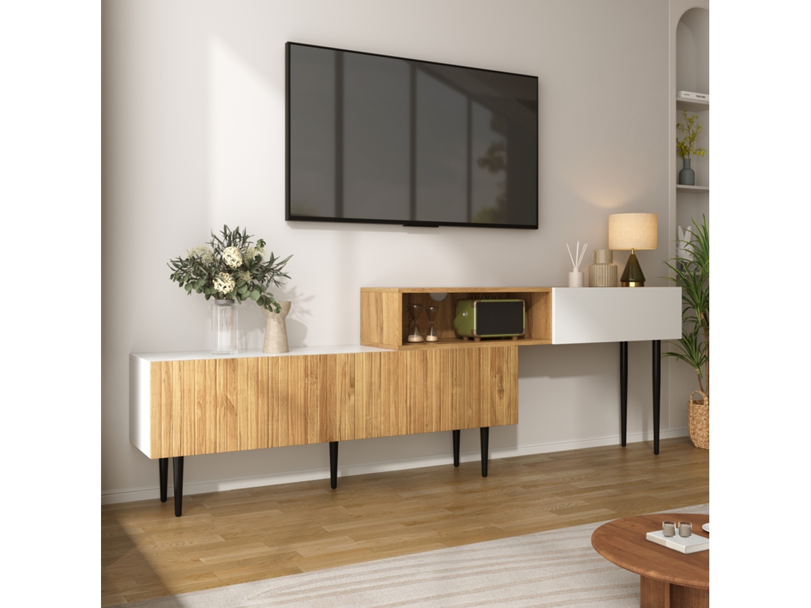 Mueble Tv Modular 2 Piezas - Diseño Ajustable, Patas Metálicas Negras, Madera Y Blanco Mate