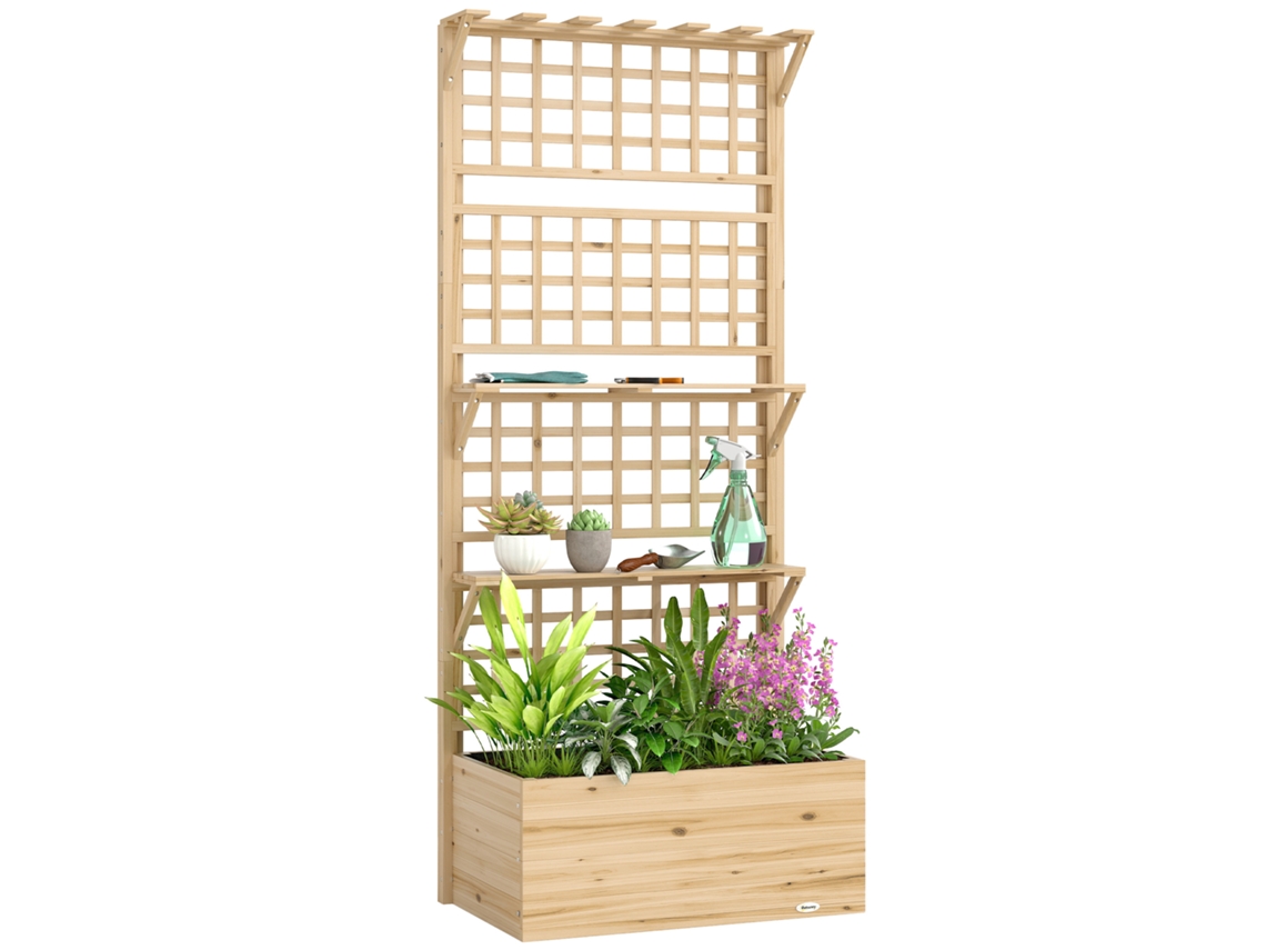 Macetero de madera con enrejado para plantas trepadoras, con 2 estantes, 76 x 43,5 x 177 cm, acabado natural.