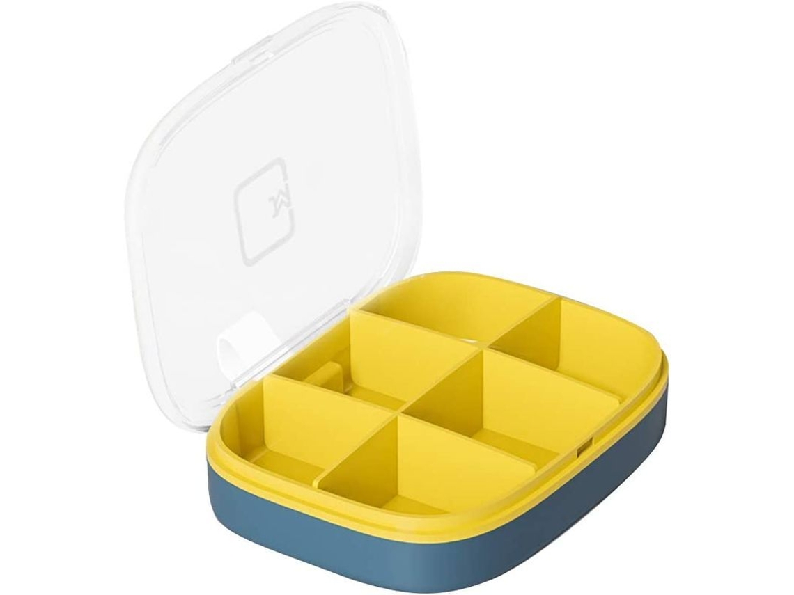 Organizador De Medicamentos Portátil, De 6 Compartimentos, Amarillo, Transparente Y Con Capas.