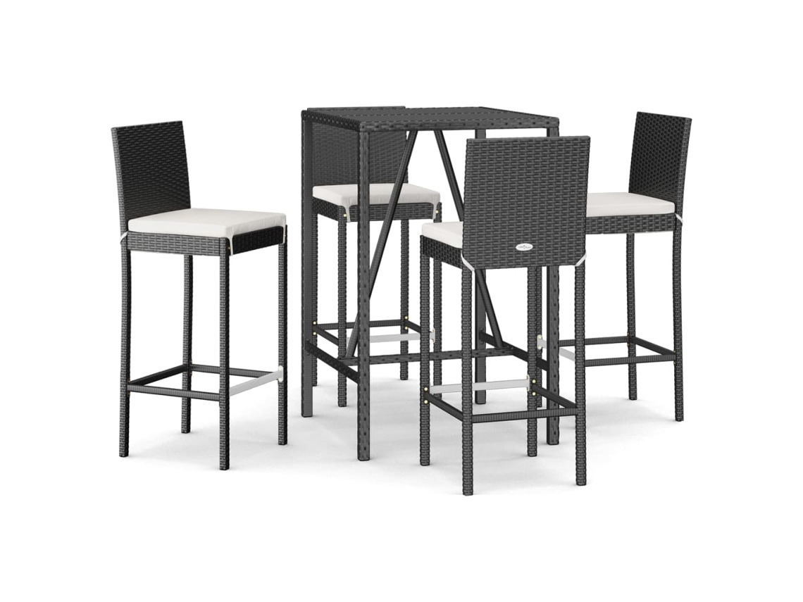 Conjunto 5 Mesa y taburetes altos jardín VIDAXL y cojines ratán PE negro