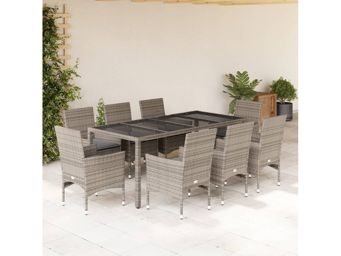 Pcs Conjunto Jantar Jardim C/ Almofadões Vime Pe/vidro Cinza Dkd Home Decor