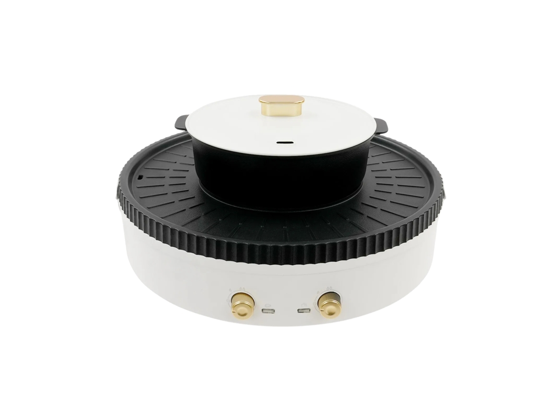 Parrilla eléctrica con bandeja calefactora, diseño desmontable, control de temperatura ajustable, color blanco.