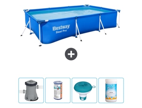 Piscina BESTWAY rectangular Steel Pro - 300 x 201 x 66 cm - Azul - Bomba incluida Filtrar - flotador de cloro - Cloro