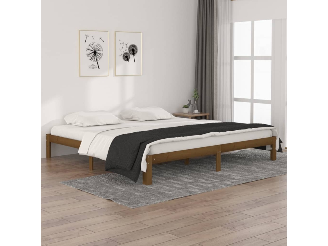 Estructura Cama Sin Colchón Madera Pino Marrón Miel 200x200 Cm