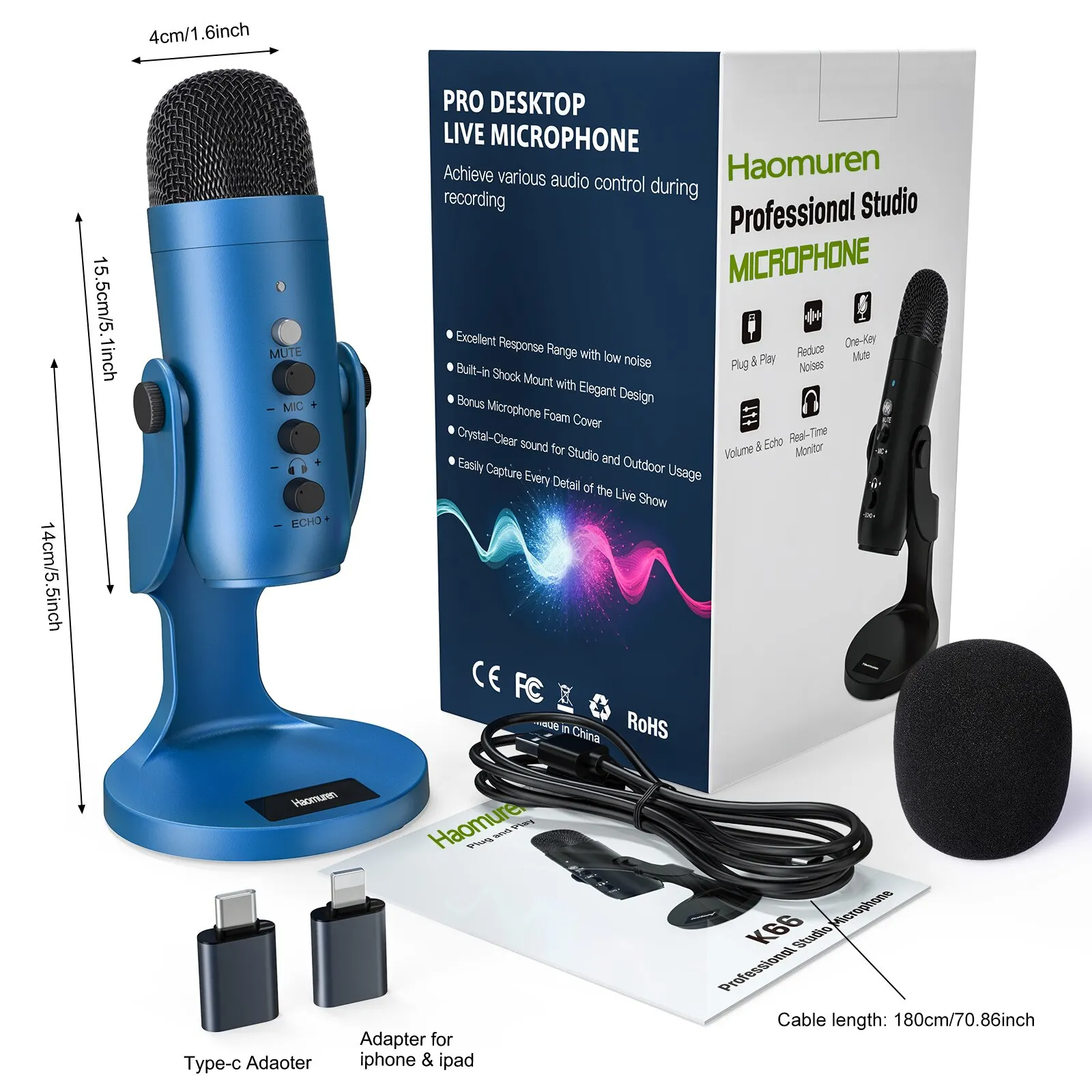 Micrófono De Condensador Usb Profesional, Adecuado Para Pc, Teléfonos Móviles, Juegos, Transmisión En Vivo, Podcasting Y Grabación.