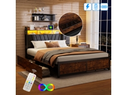 Rosahqnda Cama Doble De 140 X 200 Cm Con Almacenamiento, Led, Usb Y 4 Cajones, Para Adolescentes, Para Invitados, Color Negro