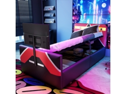 Cama Gaming Infantil 90x200cm, Hidráulica, Led Rgb, Soporte Tv, Diseño E-sport, Polipiel, Capacidad 150kg, Sin Colchón, Negro