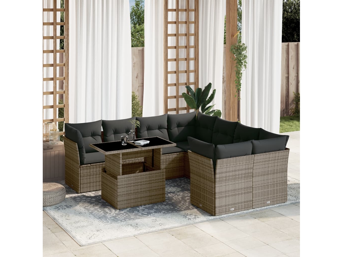 Conjunto de sofá de jardín de 9 piezas con cojines, mimbre gris, DKD Home Decor