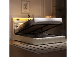 Cama Tapizada Blanca De 160x200 Cm, Cabecero Ajustable, Iluminación Led, Puerto Usb Y Espacio De Almacenamiento.