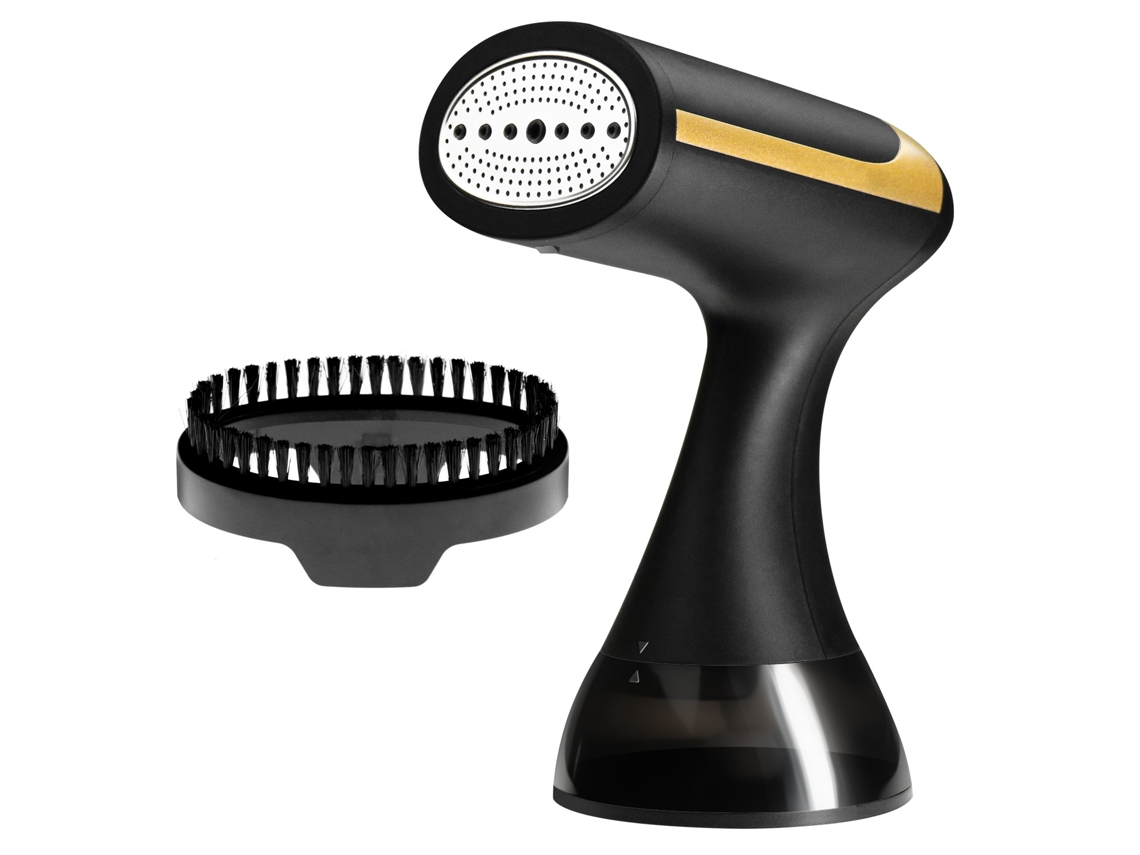 Plancha de vapor portátil, mini electrodoméstico multifuncional, estándar europeo. Color: negro con detalles dorados.