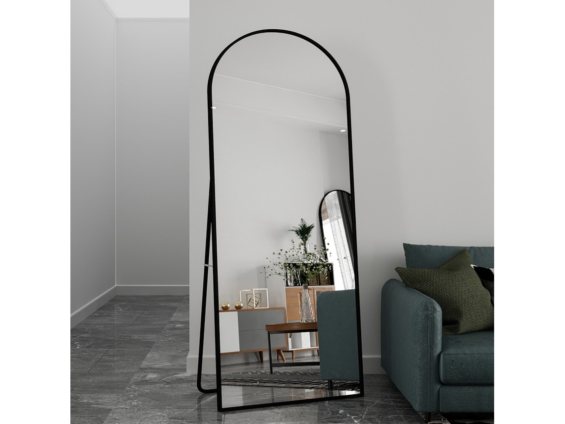 Espejo De Cuerpo Entero Arqueado Grande 180x80cm, Marco Negro De Aluminio, Espejo De Suelo Y Decorativo, Vidrio Templado Para Vestir Y Maquillaje