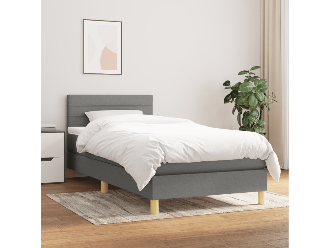 Cama con colchón de muelles y cabecero de tela gris oscuro (100x200 cm)