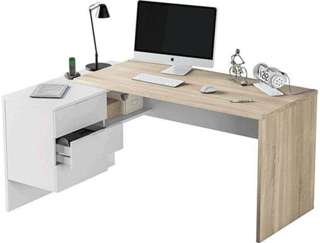 Mesa de Escritorio HABITDESIGN Office Buc  (Blanco Artik  - Roble  - Melamina - 145 x 73 x 108 cm) 