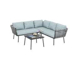 Conjunto De Sofá De Mimbre Azul Claro Con Mesa Esquinera Y Mesa De Centro.