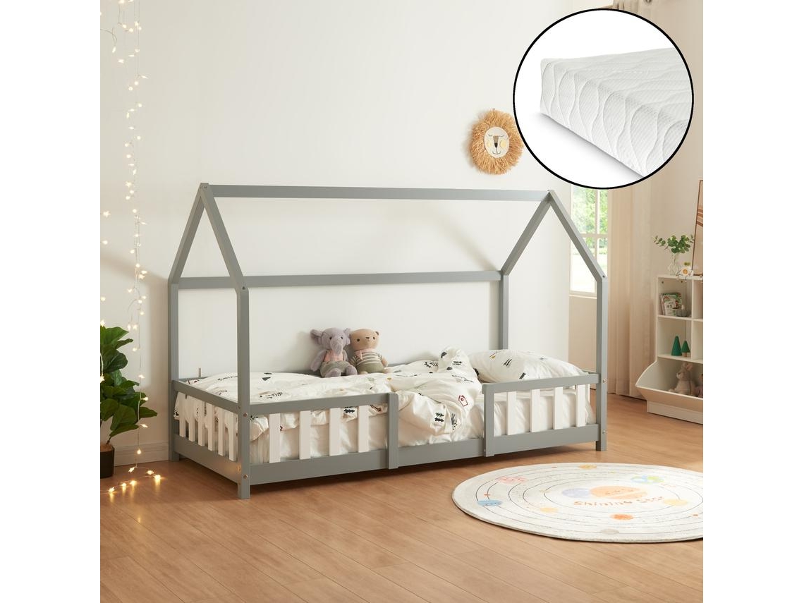 Cama infantil Sisimiut forma de casa Pino + Colchón 90x200 cm Gris Claro EN.CASA NEU.HAUS