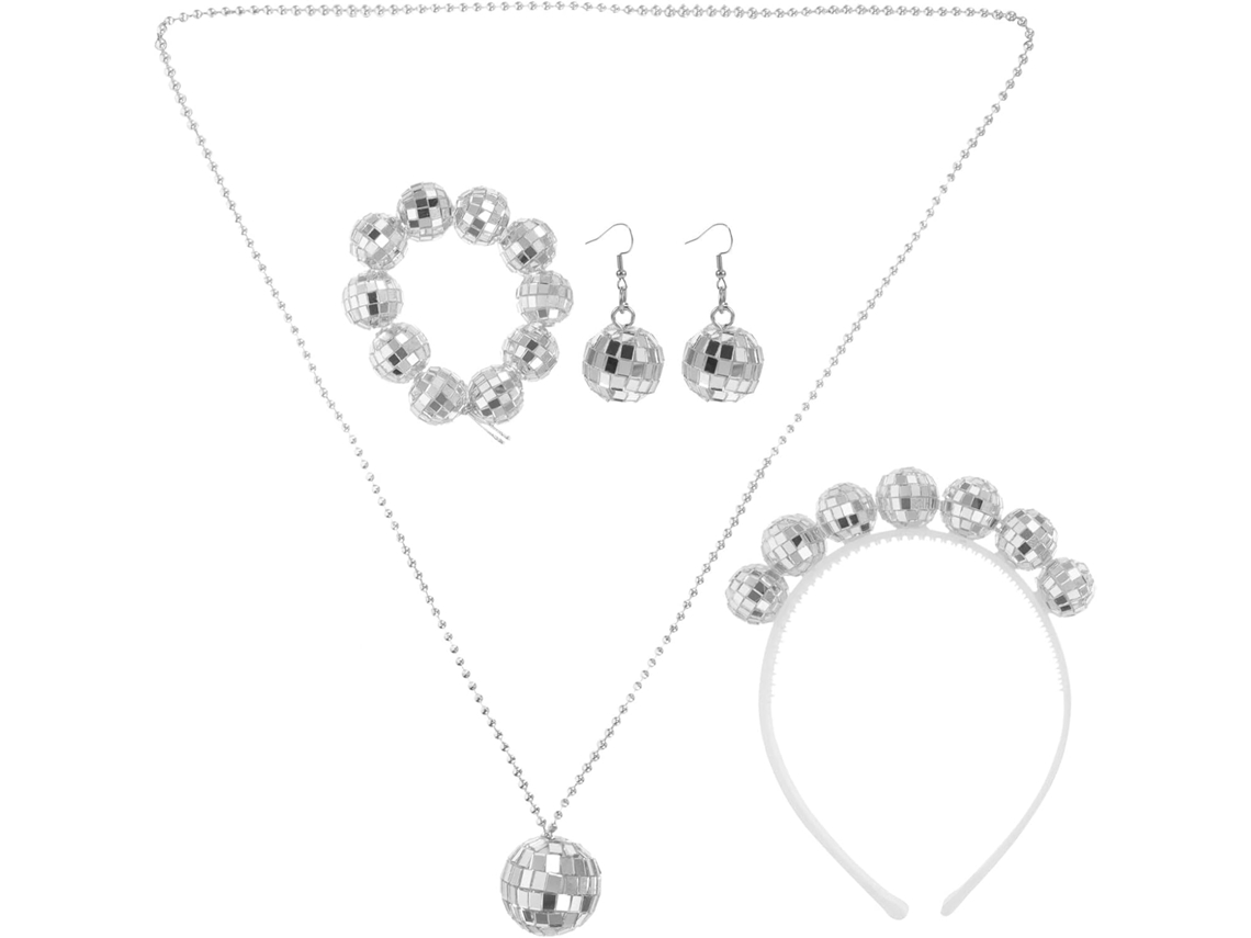 Conjunto De Joyas Disco De Los Años 70 Para Mujer: Collar Con Bola De Espejos Y Pendientes Disco.