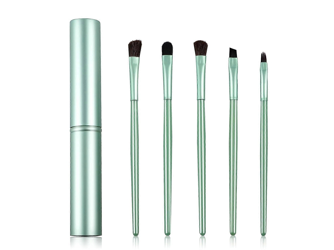 Juego de 5 brochas de maquillaje premium Rosewell con cerdas sintéticas suaves, brochas portátiles para cosméticos y ojos con cubo de maquillaje.