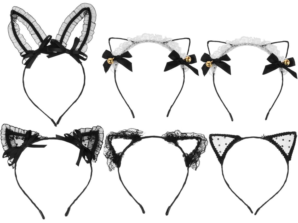 Diademas De Orejas De Gato De 6 Piezas Con Cascabel Y Lazo De Encaje