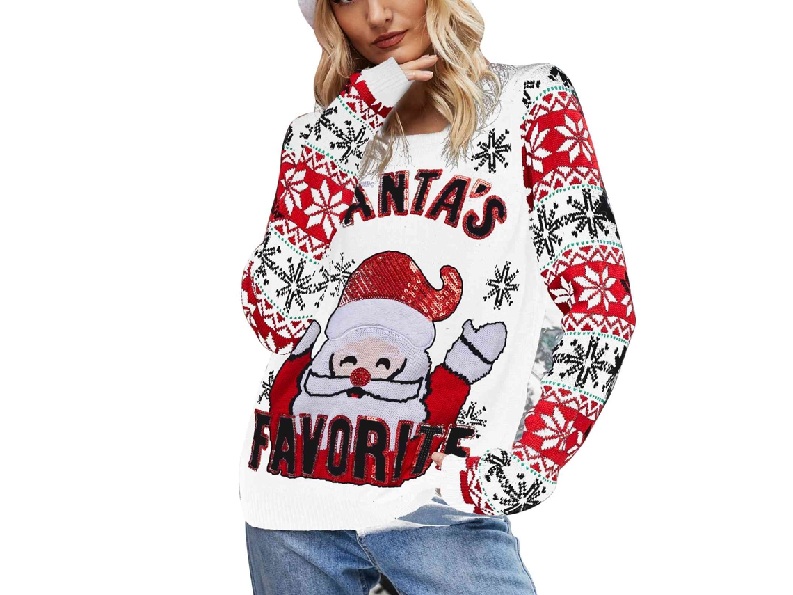 2026altiro-jersey De Navidad Para Mujer Con Motivos De Copos De Nieve Y Papá Noel, Cuello Redondo, Manga Larga, Blanco Talla M