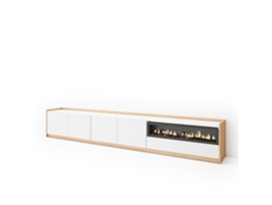 Mueble para TV, 310x37x50cm, para televisores de hasta 80'', chimenea eléctrica, blanco y roble claro.