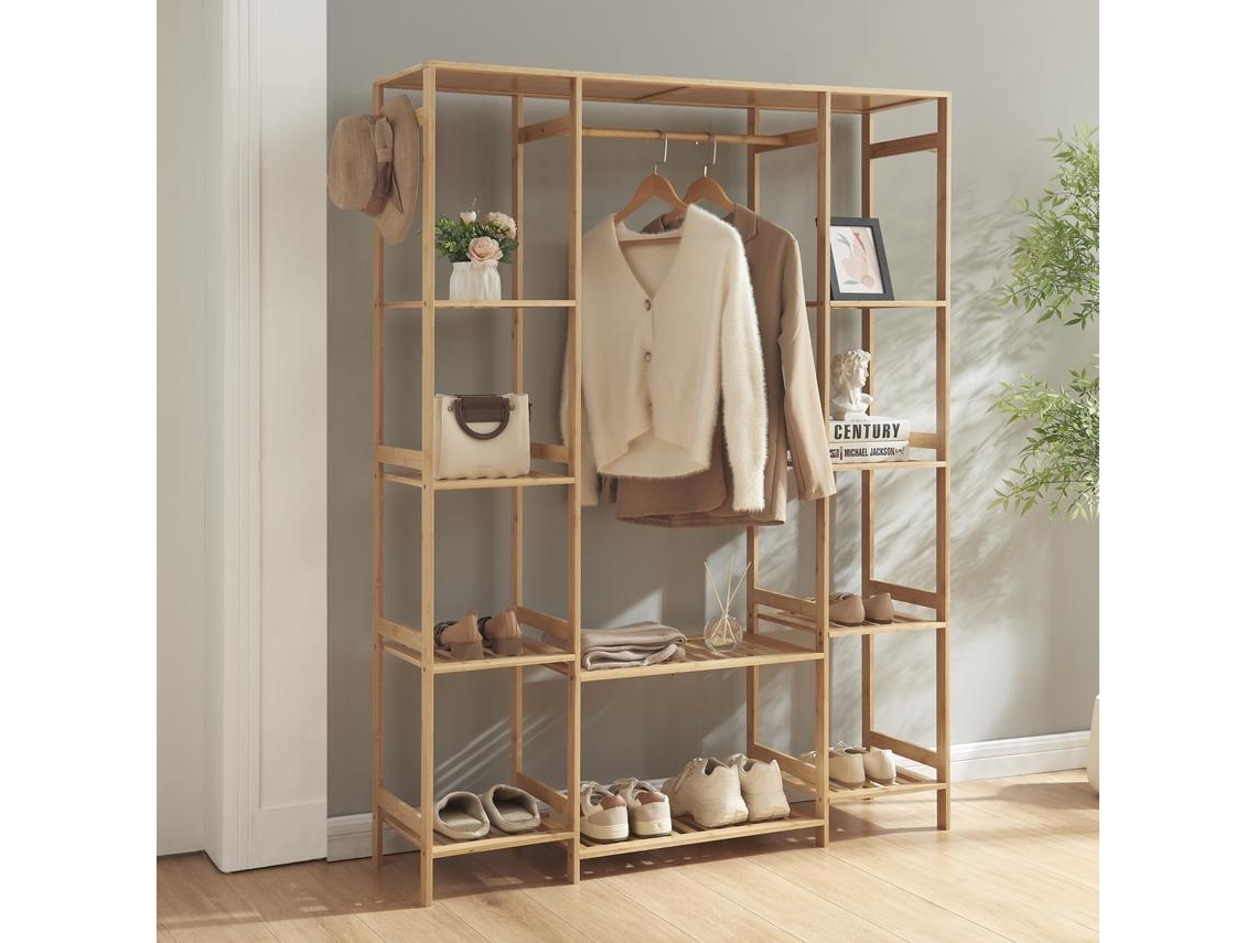Perchero burro Ilomantsi con estantes perchas bambú 165x122x35 cm - Natural [EN.CASA]