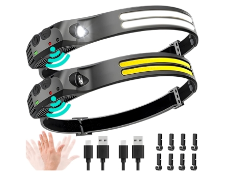 Linterna frontal LED recargable 2 piezas - 230 ° COB Luces frontales súper brillantes para la frente, luz para casco para adultos, linterna con CHR...
