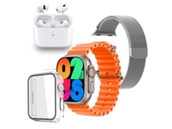 Smartwatch y Auriculares Bluetooth Pack KLACK Ultra 9.0 con Auriculares PRO, Correa metálica extra y carcasa protectora - Naranja