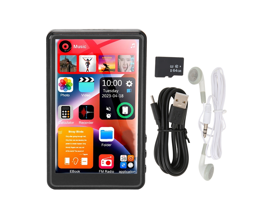 Reproductor MP3 de 4 pulgadas con pantalla táctil HD y reducción de ruido, compatible con radio FM 1080P, grabación Bluetooth para uso diario.
