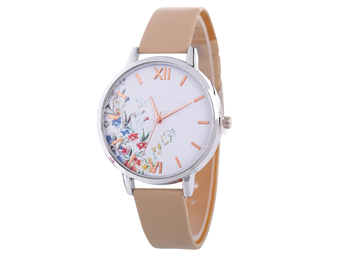 Reloj De Cuarzo Para Mujer Con Correa De Piel Sintética Y Esfera Floral Beige.