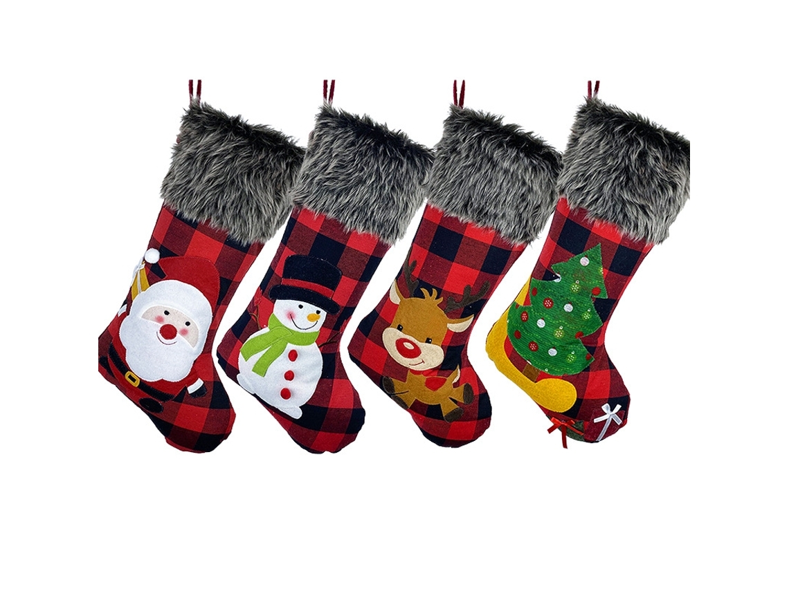 Un Juego De 4 Calcetines Navideños Rústicos Con Detalles De Cuero, Diseñados Ergonómicamente Para El Uso Diario.