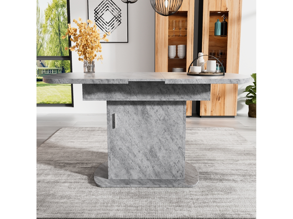 Mesa de comedor plegable ovalada con espacio de almacenamiento y mango plateado estilo gris