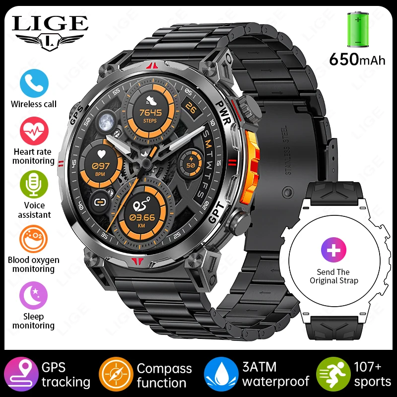 (negro, Correa De Acero) Gps Smartwatch, Pantalla Amoled Full Touch, 650mah, 3atm Resistente Al Agua, Monitor De Frecuencia Cardíaca, Llamadas