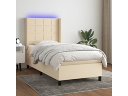 Cama Box Spring Colchón Y Luces Led Tela Crema 100x200 Cm