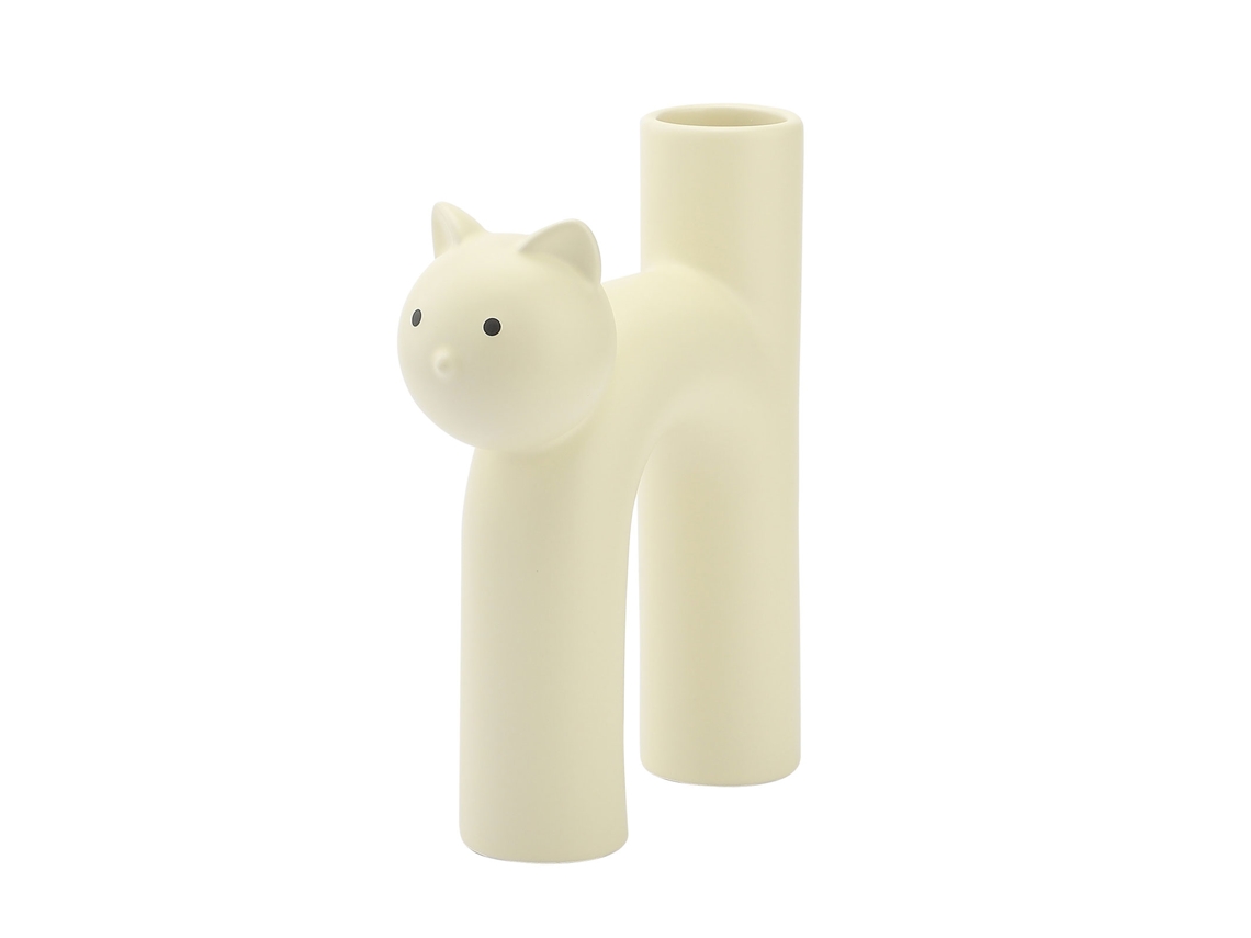 Jarrón cilíndrico para flores con diseño de gato y acabado mate vainilla para la decoración de la sala de estar.