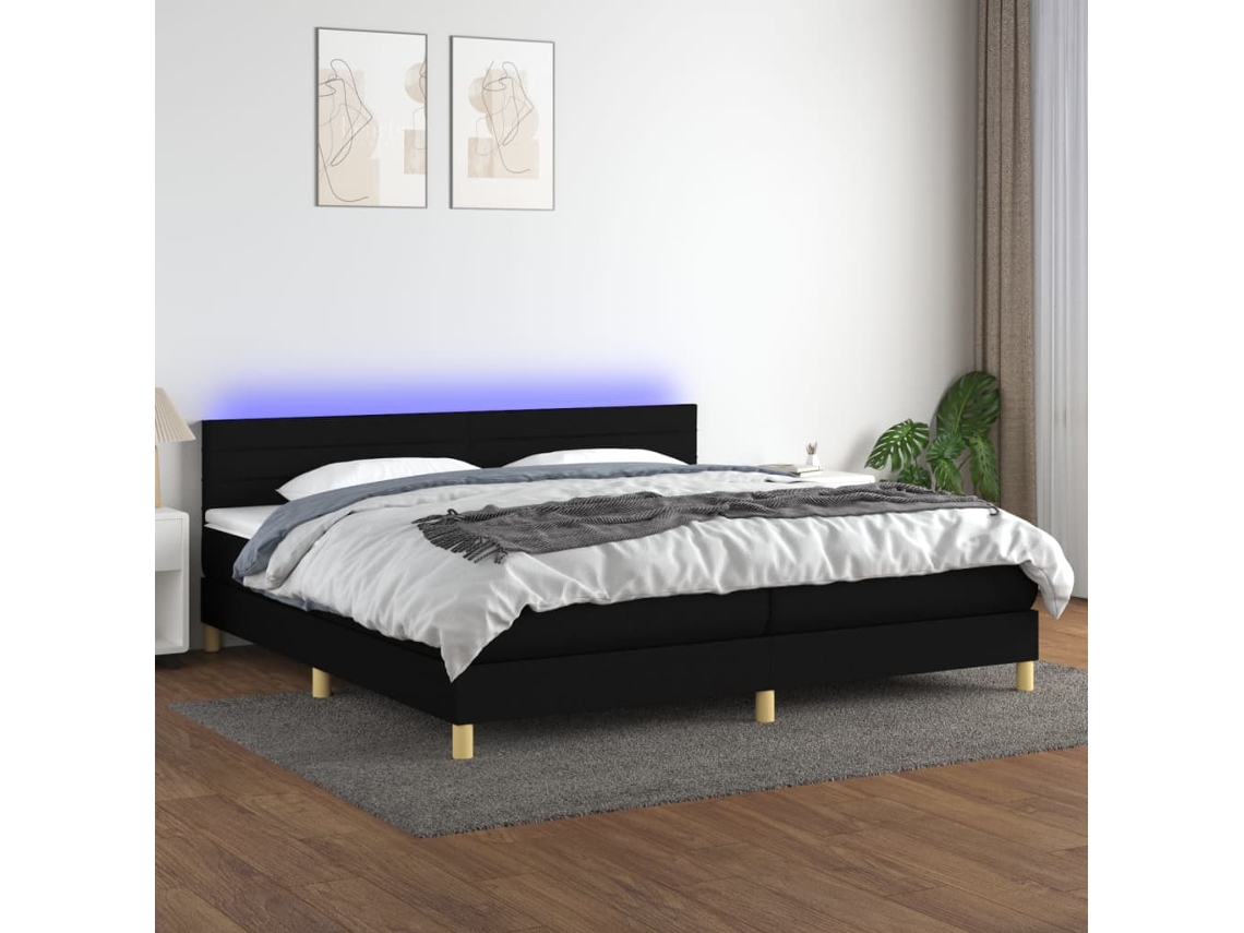 Cama Box Spring Con Colchón Led Tela Negro 200x200 Cm