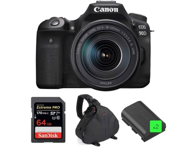 Kit Cámara Réflex CANON EOS 90D + 18-135mm USM + SanDisk 64GB + 2 LP-E6N + Bolsa