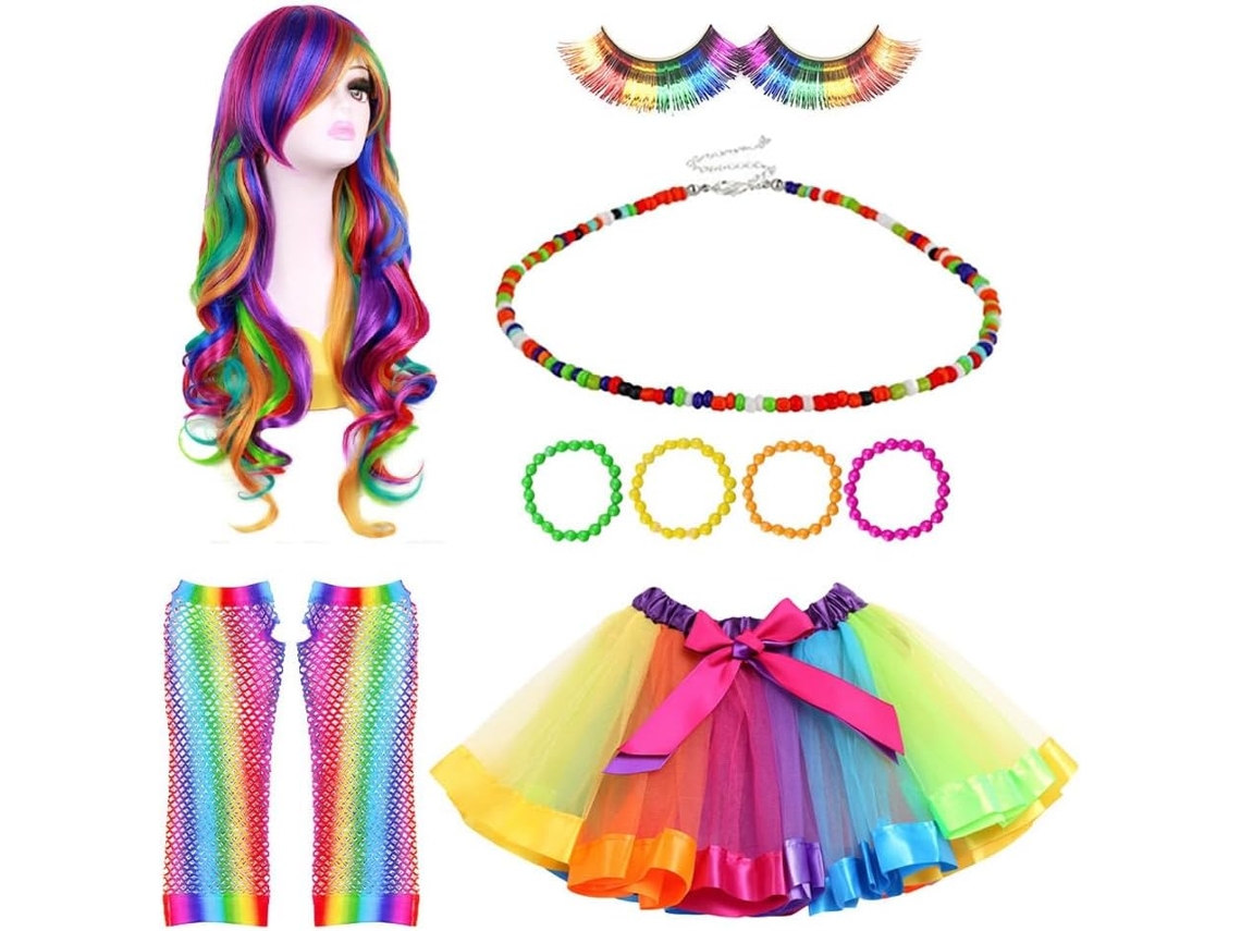 Peluca Arcoíris, Falda Larga De Tul Rizado Y Vestido A Juego Para Disfraces De Cosplay Y Baile.