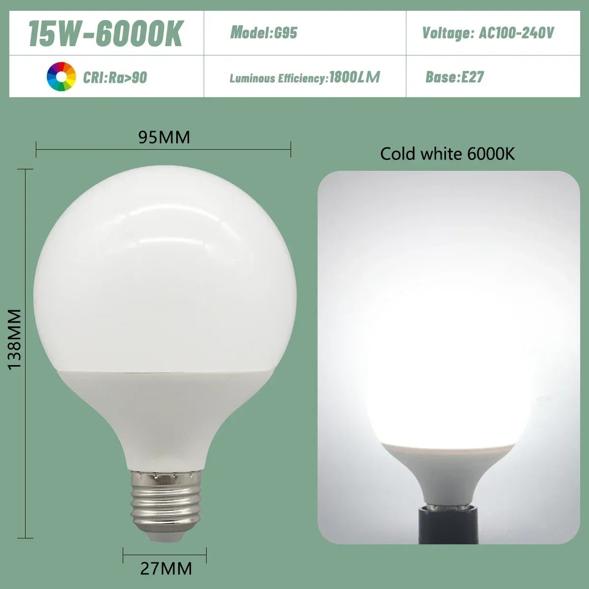 (15w 6000k, 2 Bombillas) Bombillas Led Grandes, E27, Ac100-240v, Iluminación De Bajo Consumo.
