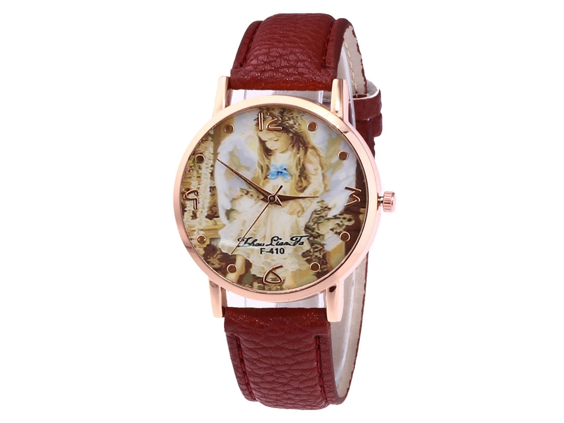 Reloj De Pulsera Unisex De Cuarzo Con Correa De Piel Sintética, Estampado De Ángel Pequeño (café Oscuro).