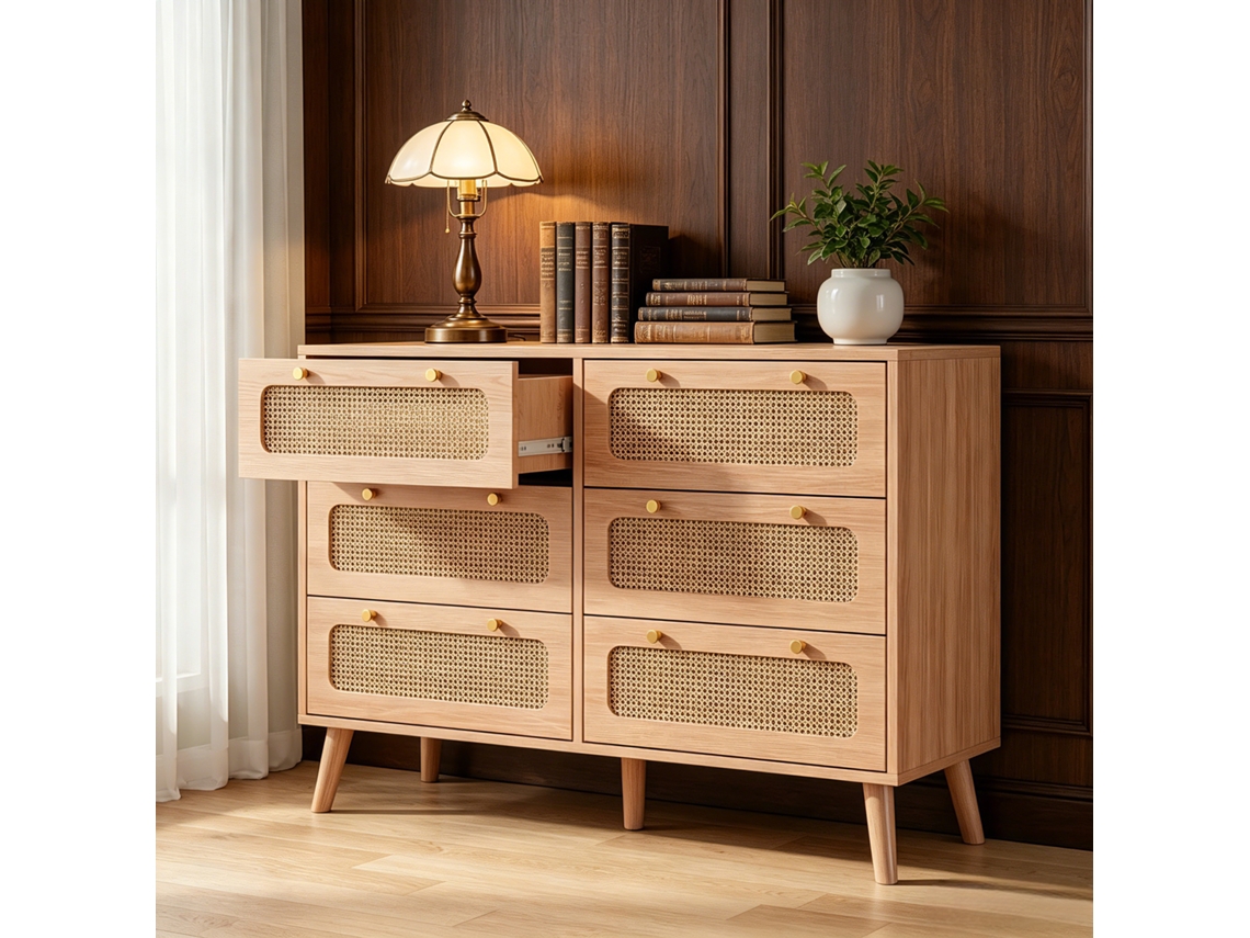 Cómoda De 6 Cajones En Ratán Trenzado, Color Madera Natural, Cómoda Elegante En Ratán Y Madera Para Interiores Modernos