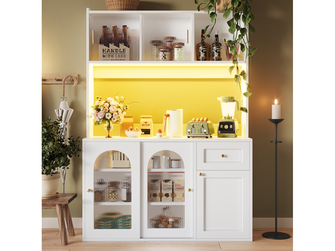 Armario alto de cocina con vitrina de cristal, iluminación LED y estantes ajustables – Blanco