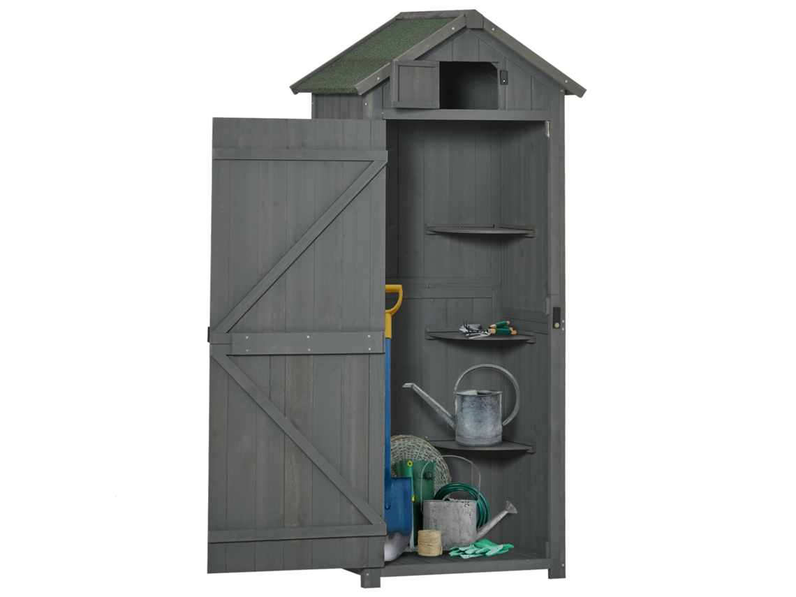 Caseta De Herramientas De Madera Con Estantes, Techo Asfáltico Y Ventanas, Armario Para Jardín, 77x54,2x179 Cm, Gris Y Verde