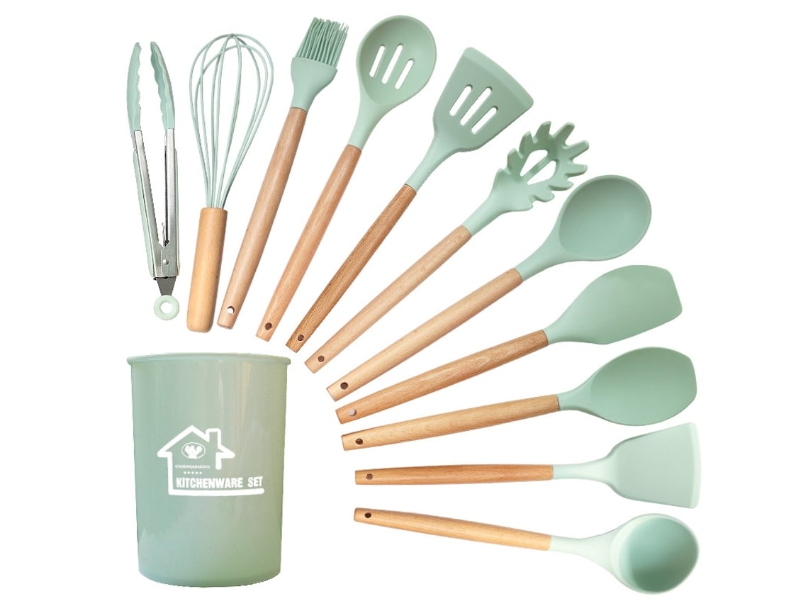 Juego de utensilios de cocina de silicona antiadherente Yunzii de 12 piezas, color verde