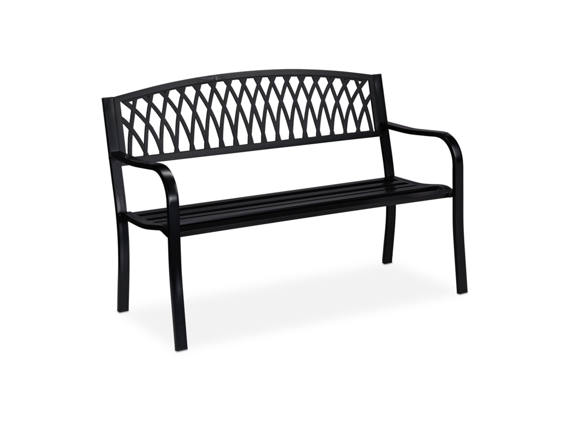 Relaxdays Banco Jardín, Asiento Parque 2 Plazas, Diseño Rústico, Cómodo Mueble Exterior, Metal, 87 X 127 X 60 Cm, Negro
