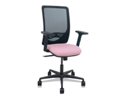 Silla de oficina Zulema con mecanismo sincronizado, tapizada en tela rosa y malla negra. Equipada con soporte lumbar 1D, reposabrazos 2D y ruedas de 65 mm.