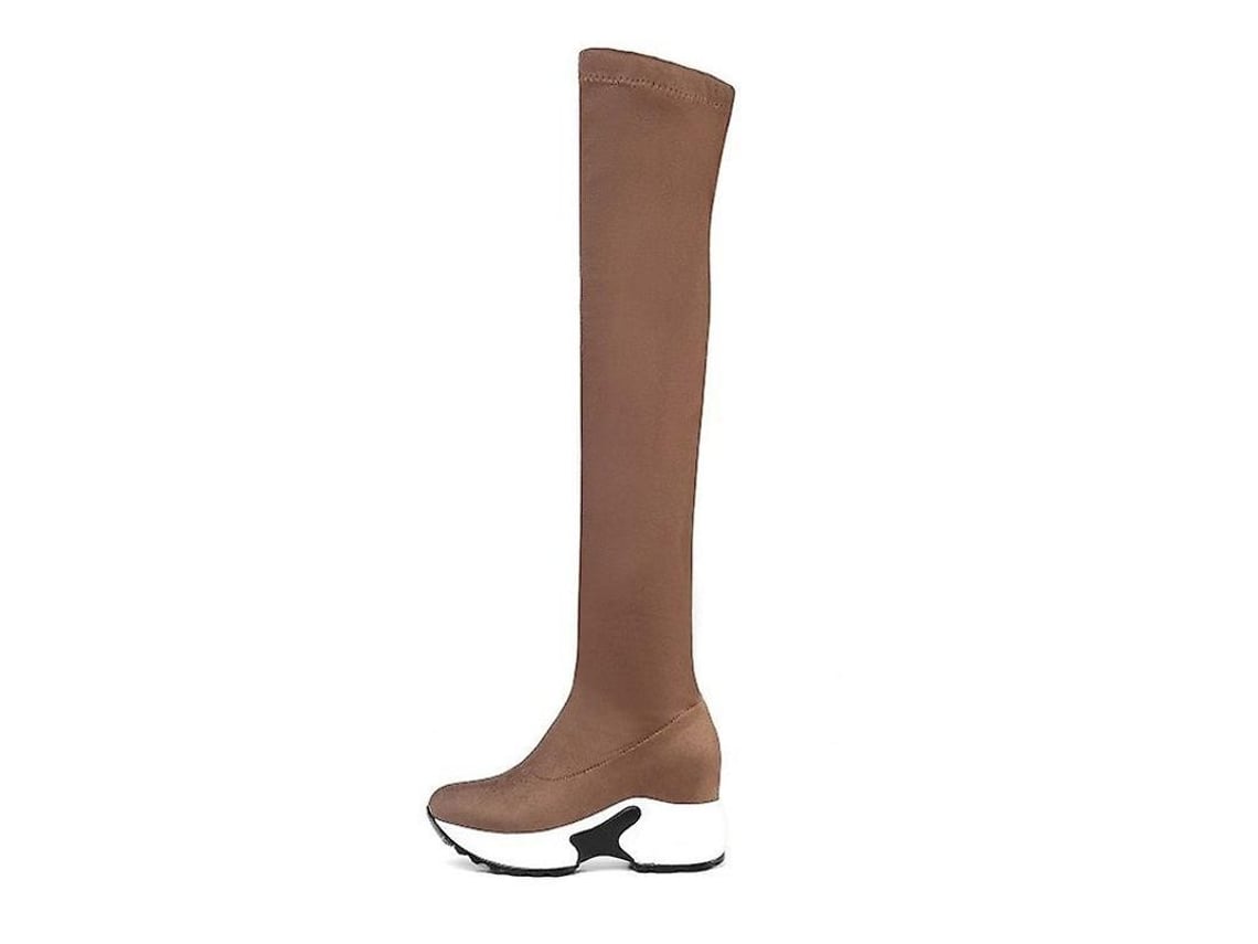 2026-botas De Mujer Con Punta Redonda Y Tacon Wedge De 9 Cm, Alto Sobre La Rodilla, Material Elástico Invierno