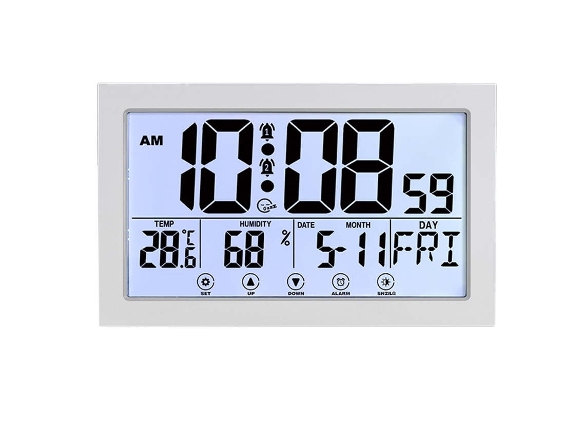 Reloj de pared digital con pantalla táctil, termómetro e higrómetro, alarma electrónica