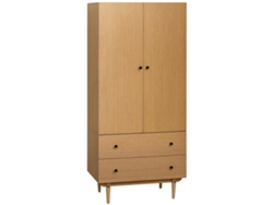 Armario con 2 puertas, 2 cajones, barra para colgar ropa y acabado de madera.