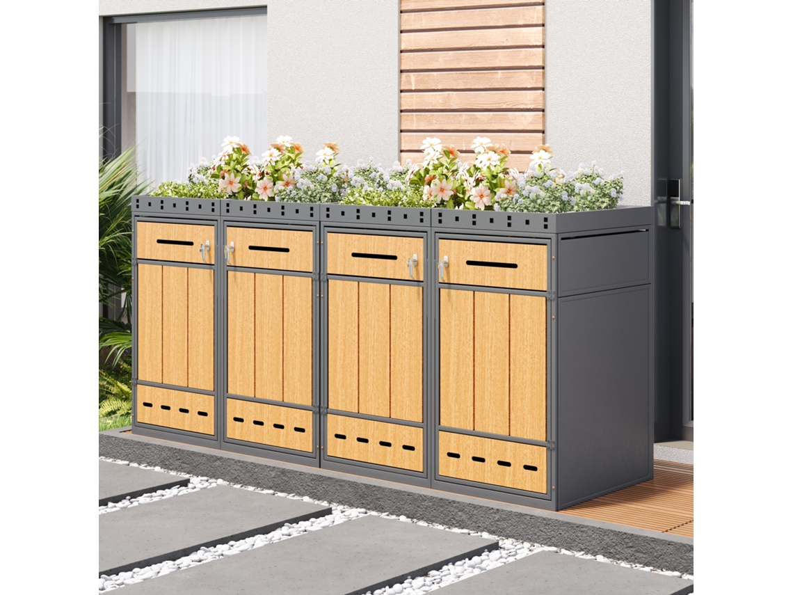 Armario Para Cubos De Basura 4 Unidades 120-240l Con Techo Para Plantas, Cubierta Exterior Para Contenedores, Resistente Y Práctico
